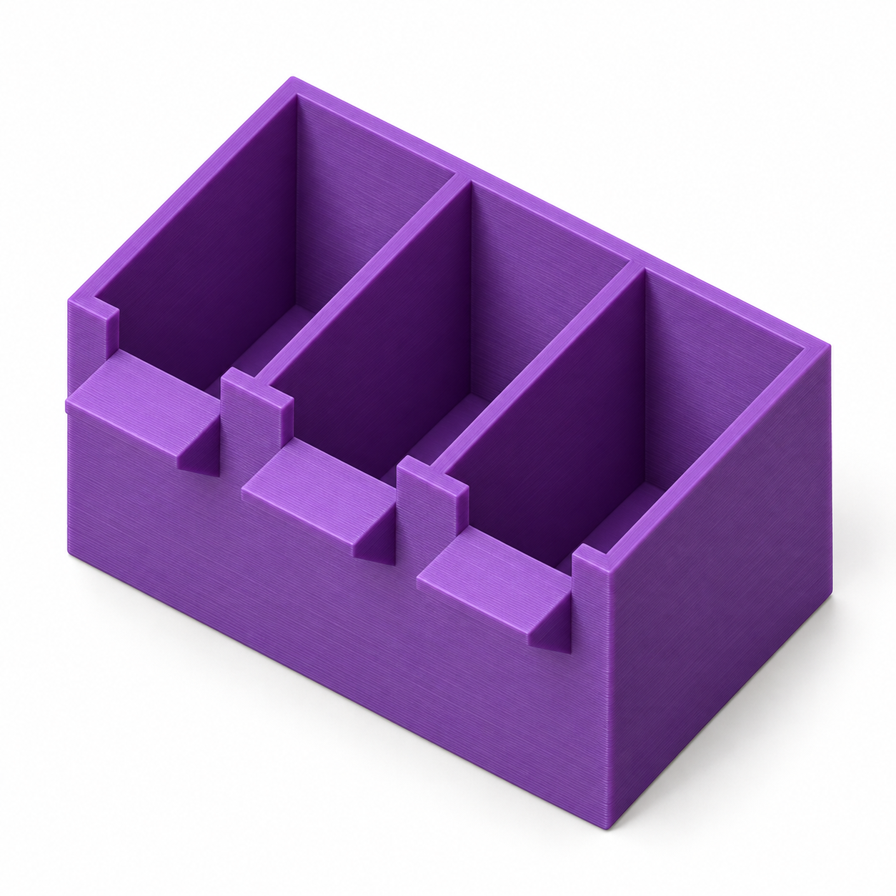 Dreifach-Gießbecher mit getrennten Farbschnäbeln – lila. KI-Visualisierung der Standardmaße.