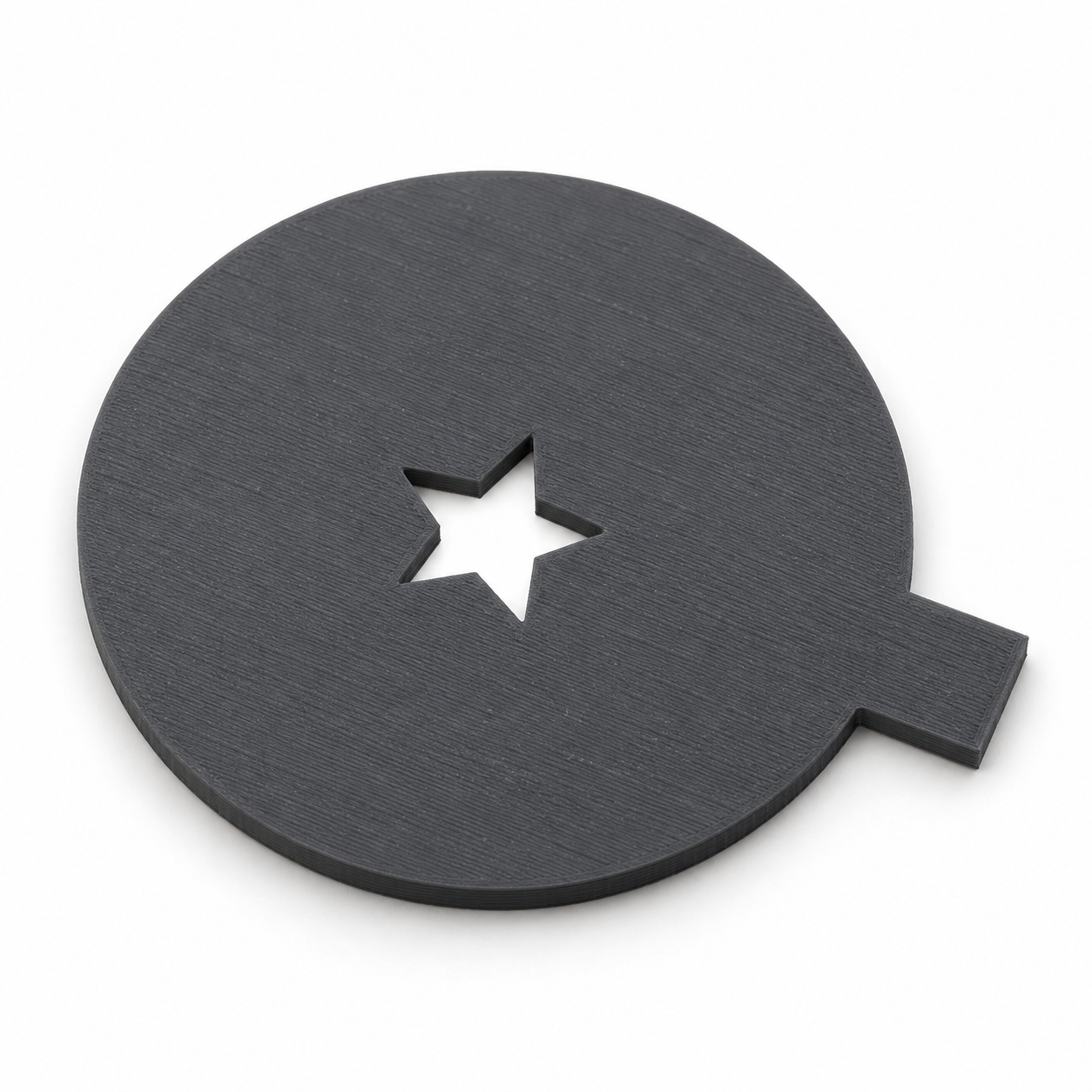 Bokeh-Sternmaske mit Anfasslasche für die Objektivfront – grau. KI-Visualisierung der Standardmaße.