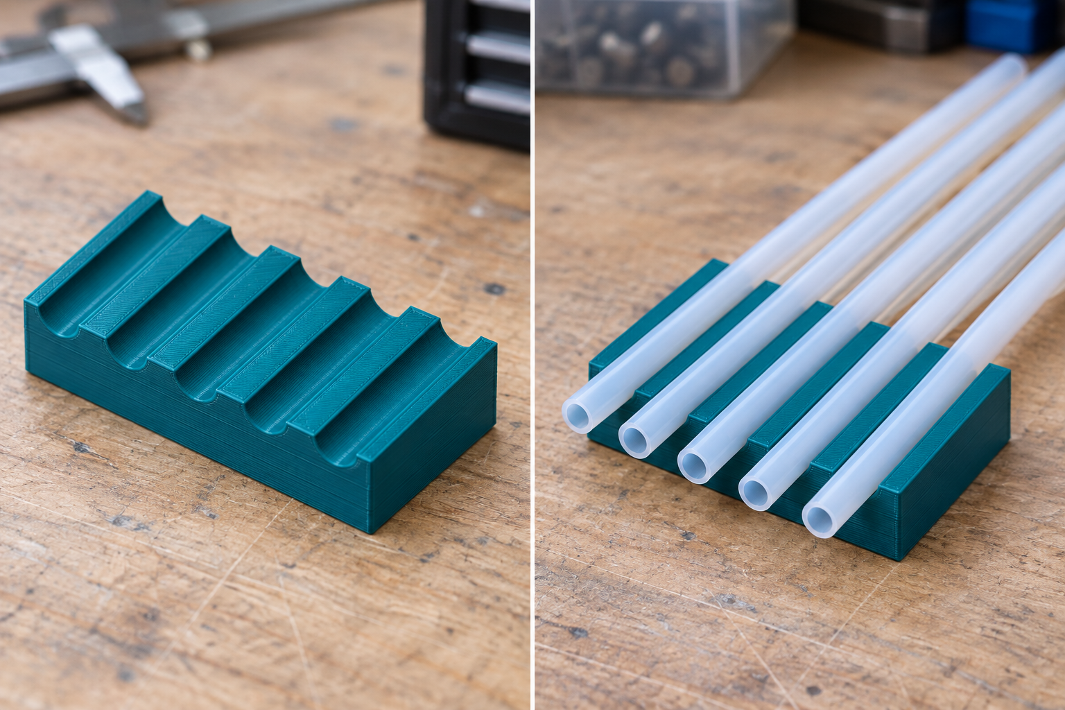 Ablagekamm für parallele PTFE-Schläuche – Einzelteil und Anwendung, KI-Visualisierung