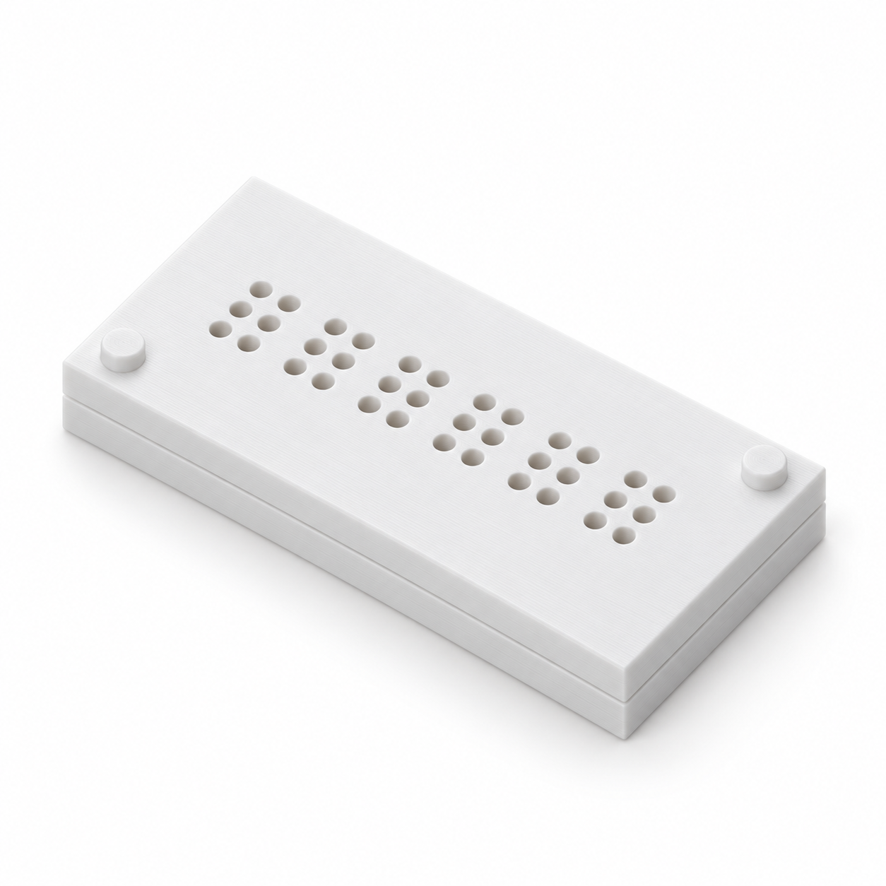 Einzeilige Braille-Schreibtafel für eigene Papierstreifen – weiß. KI-Visualisierung der Standardmaße.