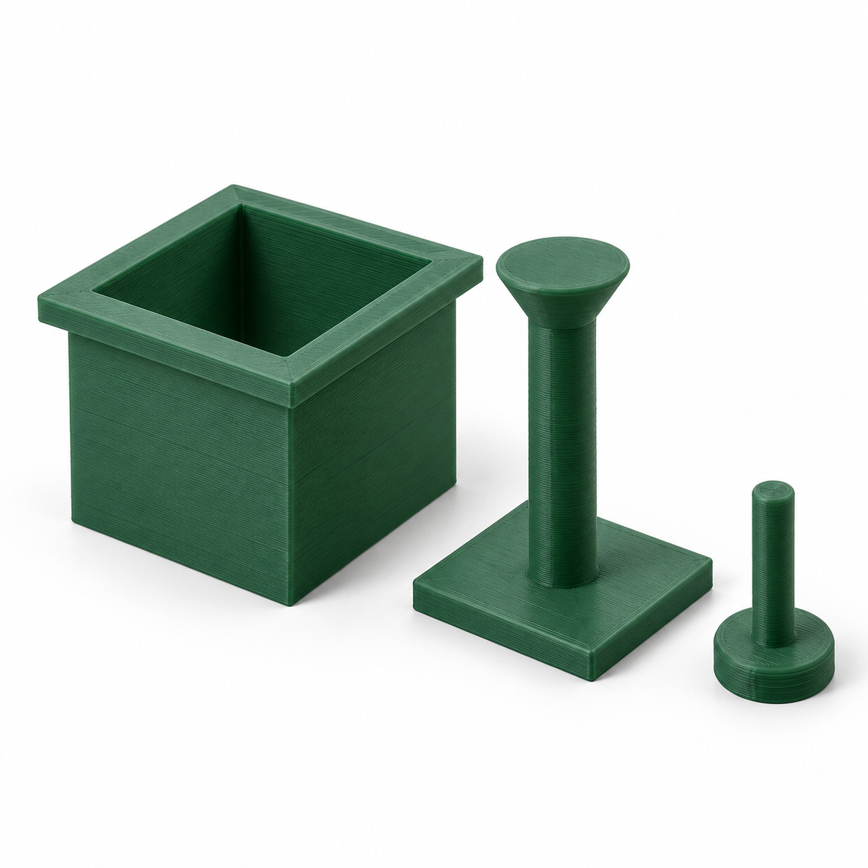 Erdblock-Formrahmen mit Stempel und separatem Saatdorn – grün. KI-Visualisierung der Standardmaße.
