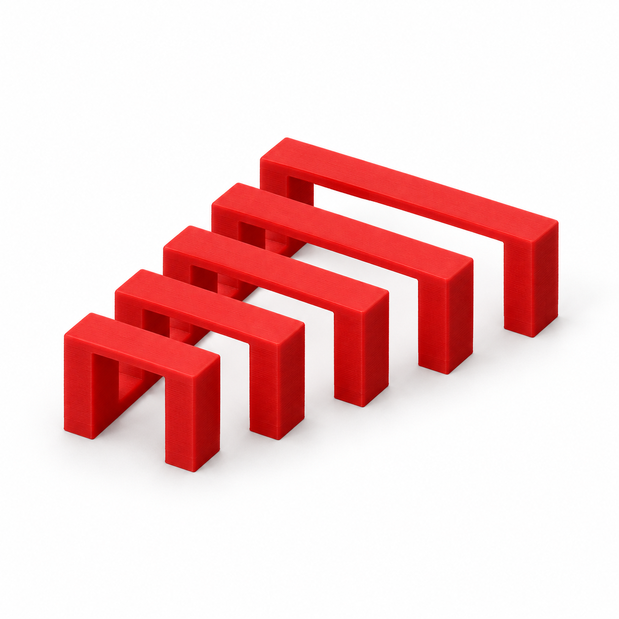 FDM-Brückentest mit fünf eigenen Spannweiten – rot; KI-Visualisierung der Standardgeometrie