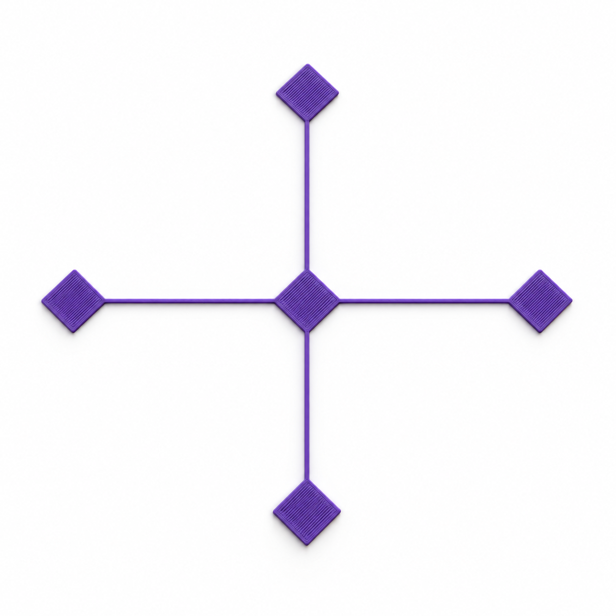 Erstschicht-Prüfmuster mit fünf verbundenen Testflächen – lila; KI-Visualisierung der Standardgeometrie