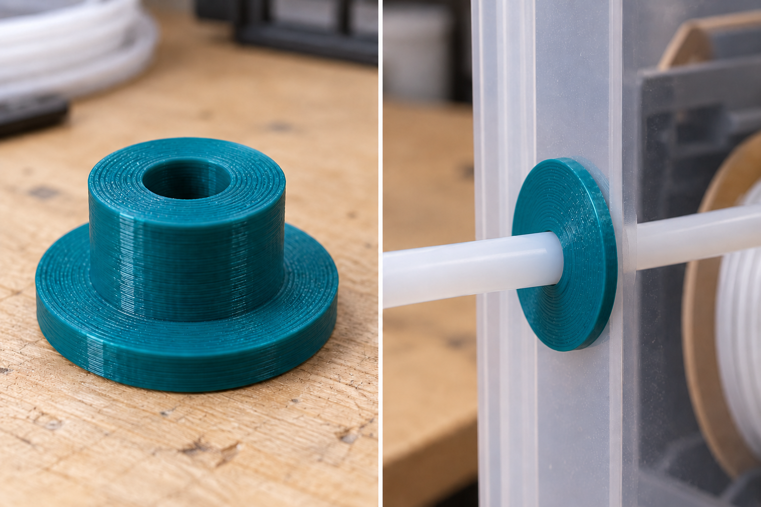 Durchführbuchse für PTFE-Schläuche an Filamentboxen – Einzelteil und Anwendung, KI-Visualisierung
