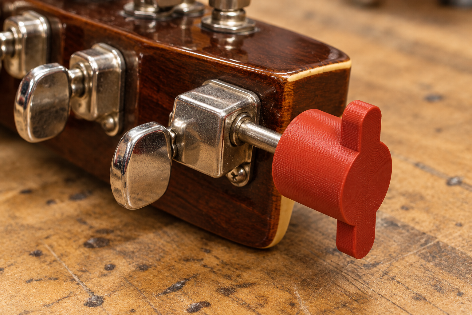 Roter Handschlüssel auf einem Stimmknopf am Gitarrenkopf – KI-Visualisierung.