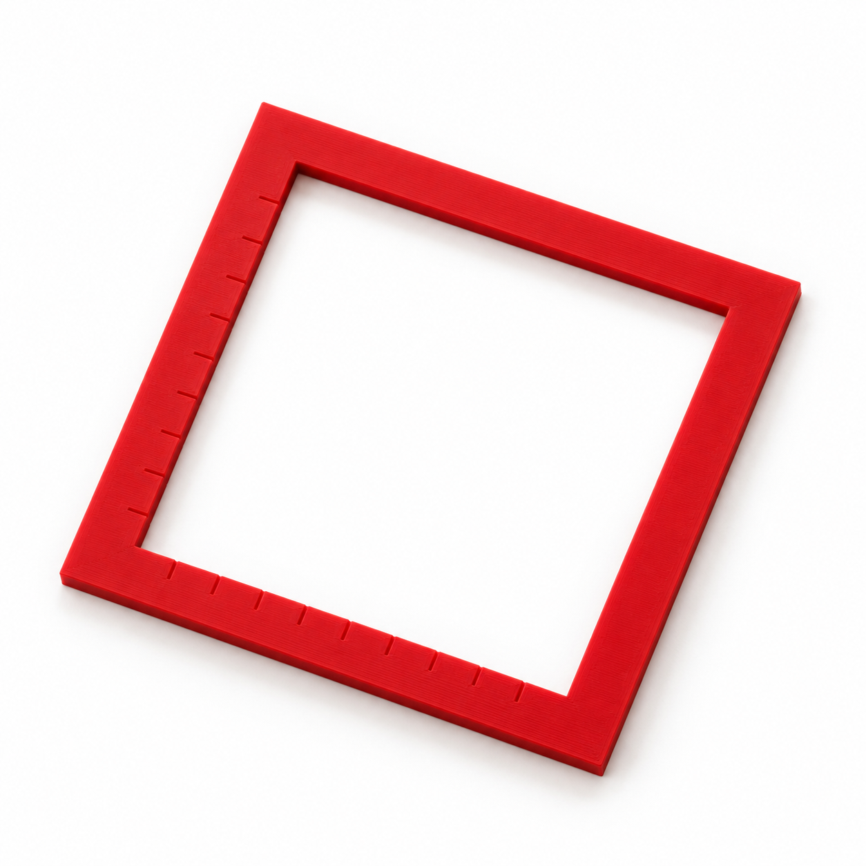 Maschenproben-Zählrahmen mit eigenem Messfenster – rot. KI-Visualisierung der Standardmaße.