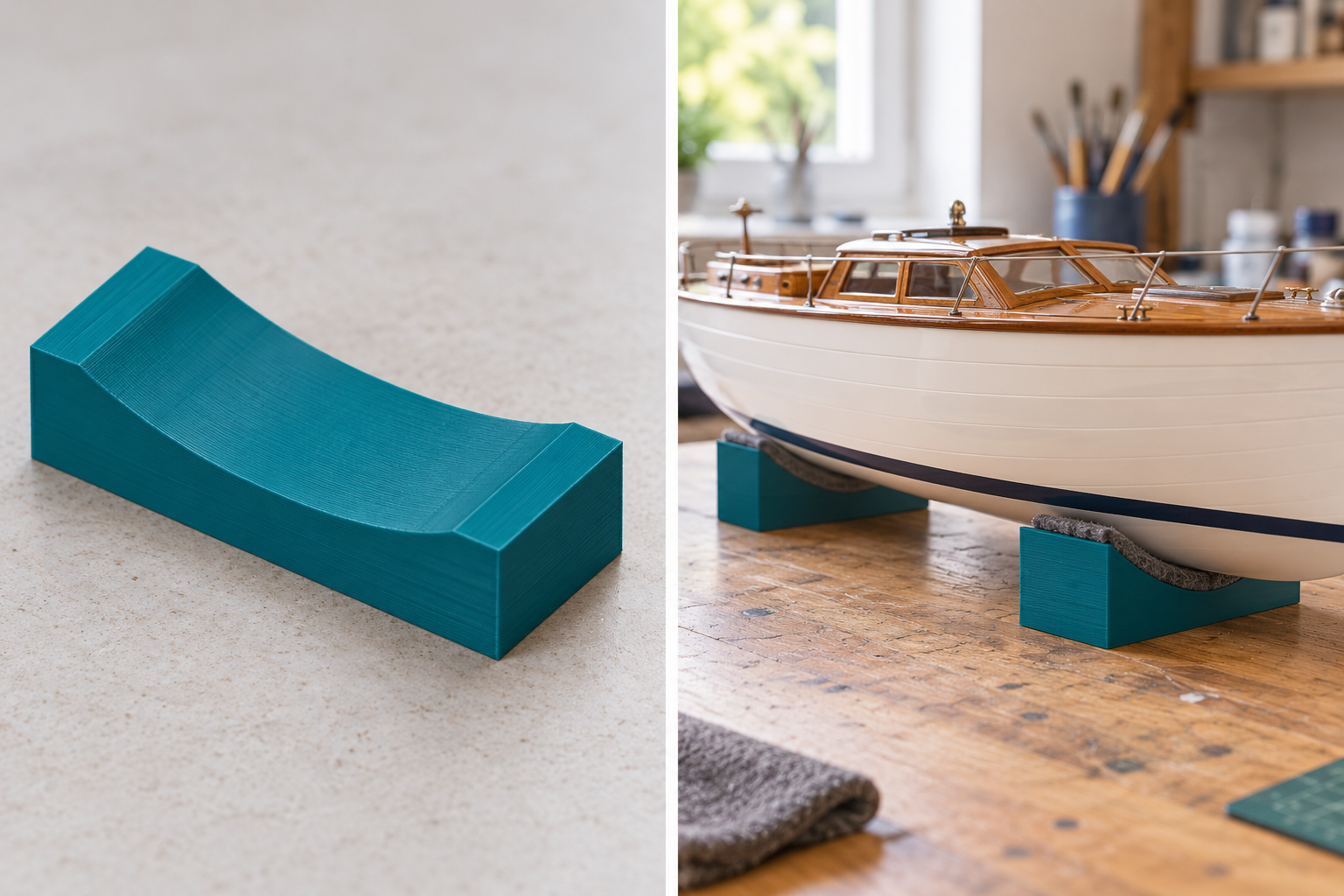 Auflagesattel für Modellboot-Rümpfe – Einzelteil und Anwendung, KI-Visualisierung