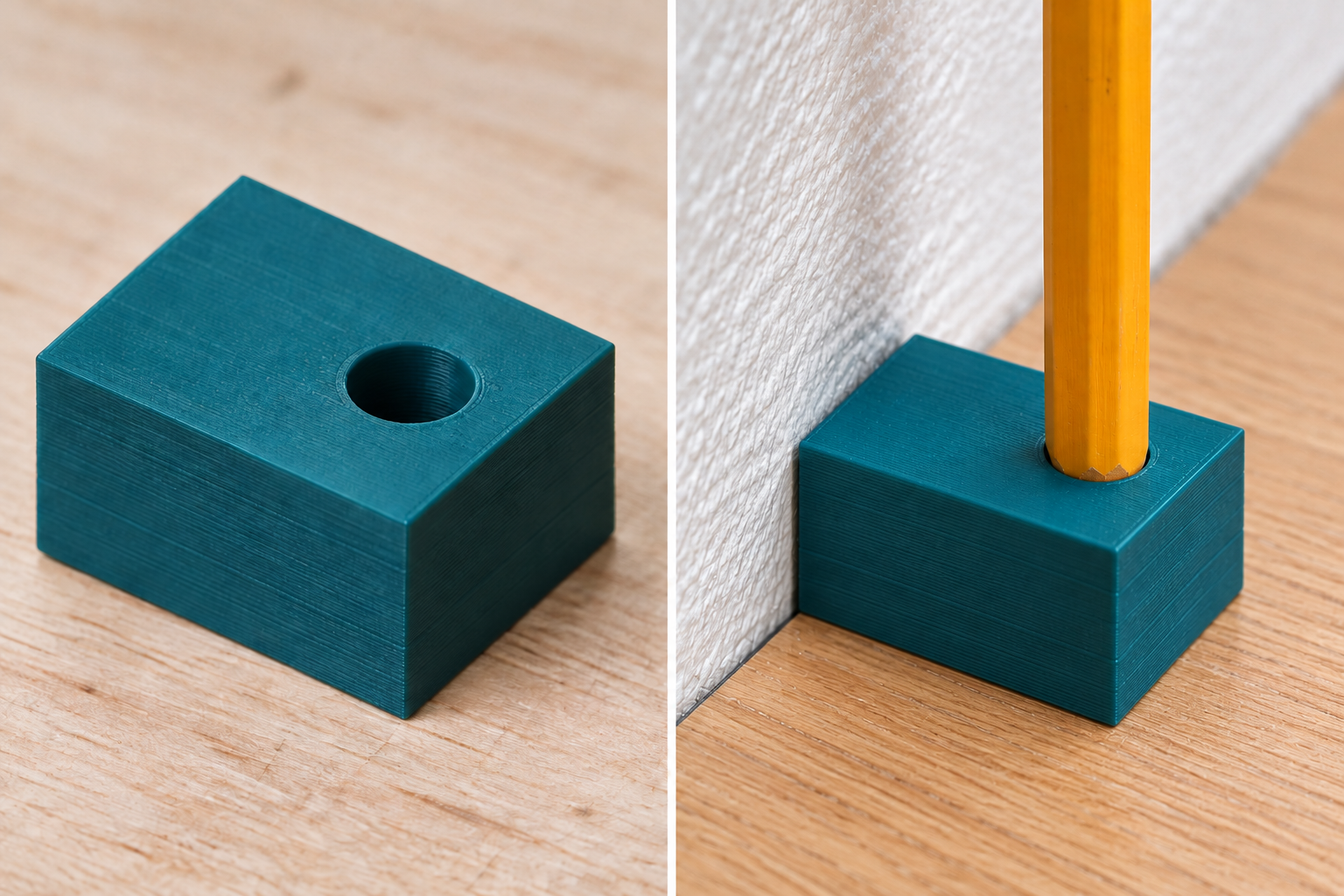 Anreißklotz für Passleisten an der Wand – Einzelteil und Anwendung, KI-Visualisierung
