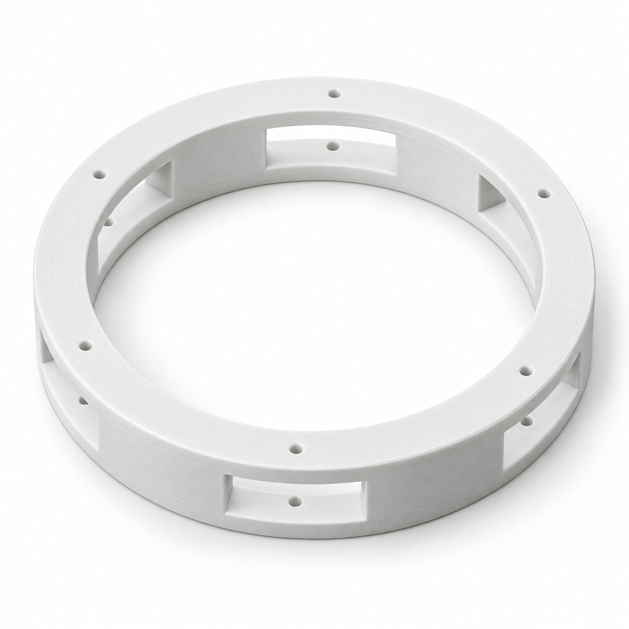 Schellenring mit sechs Fenstern für eigene Metallschellen – weiß. KI-Visualisierung der Standardmaße.