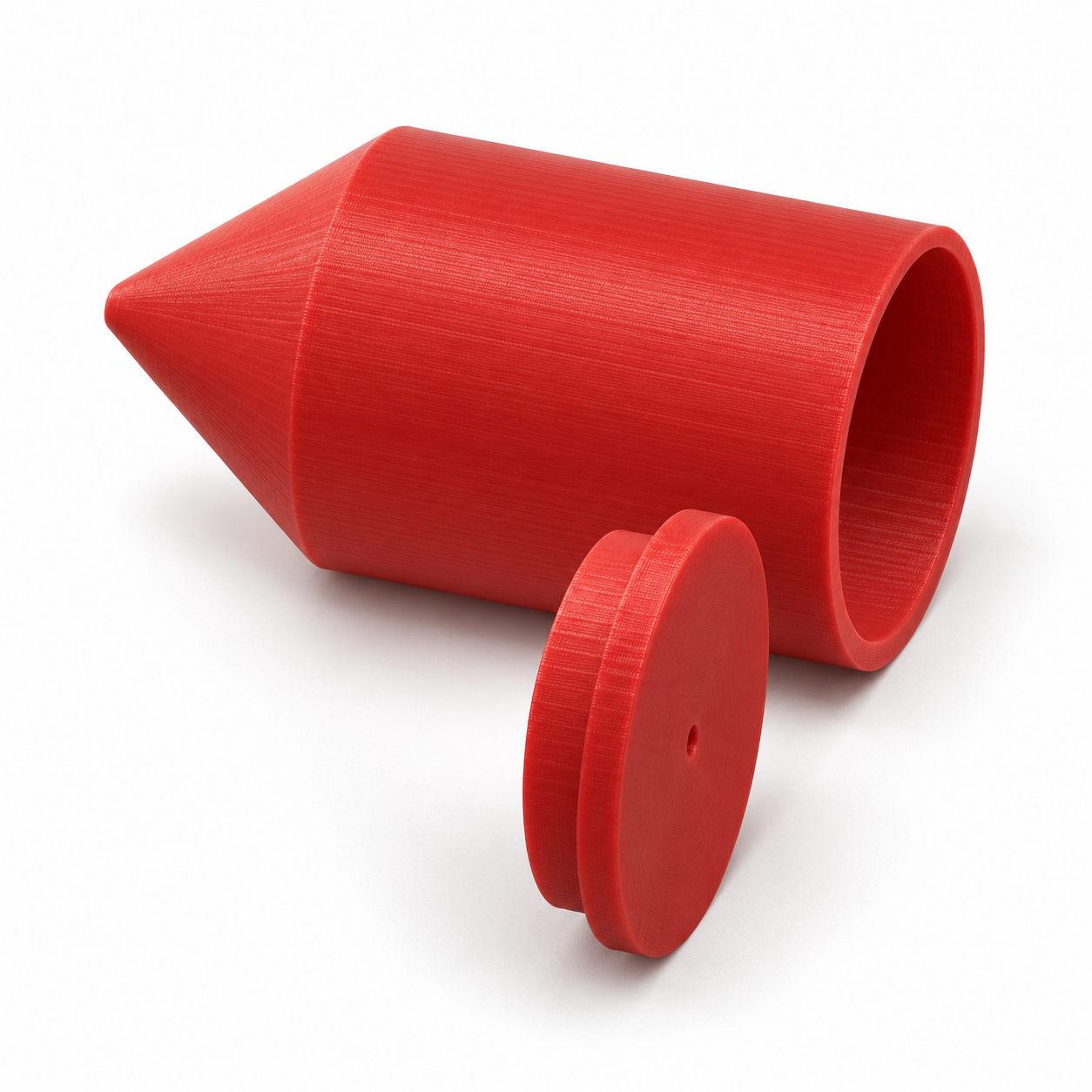 Befüllbares Senklot-Gehäuse mit Kegelspitze und Deckel – rot; KI-Produktvisualisierung