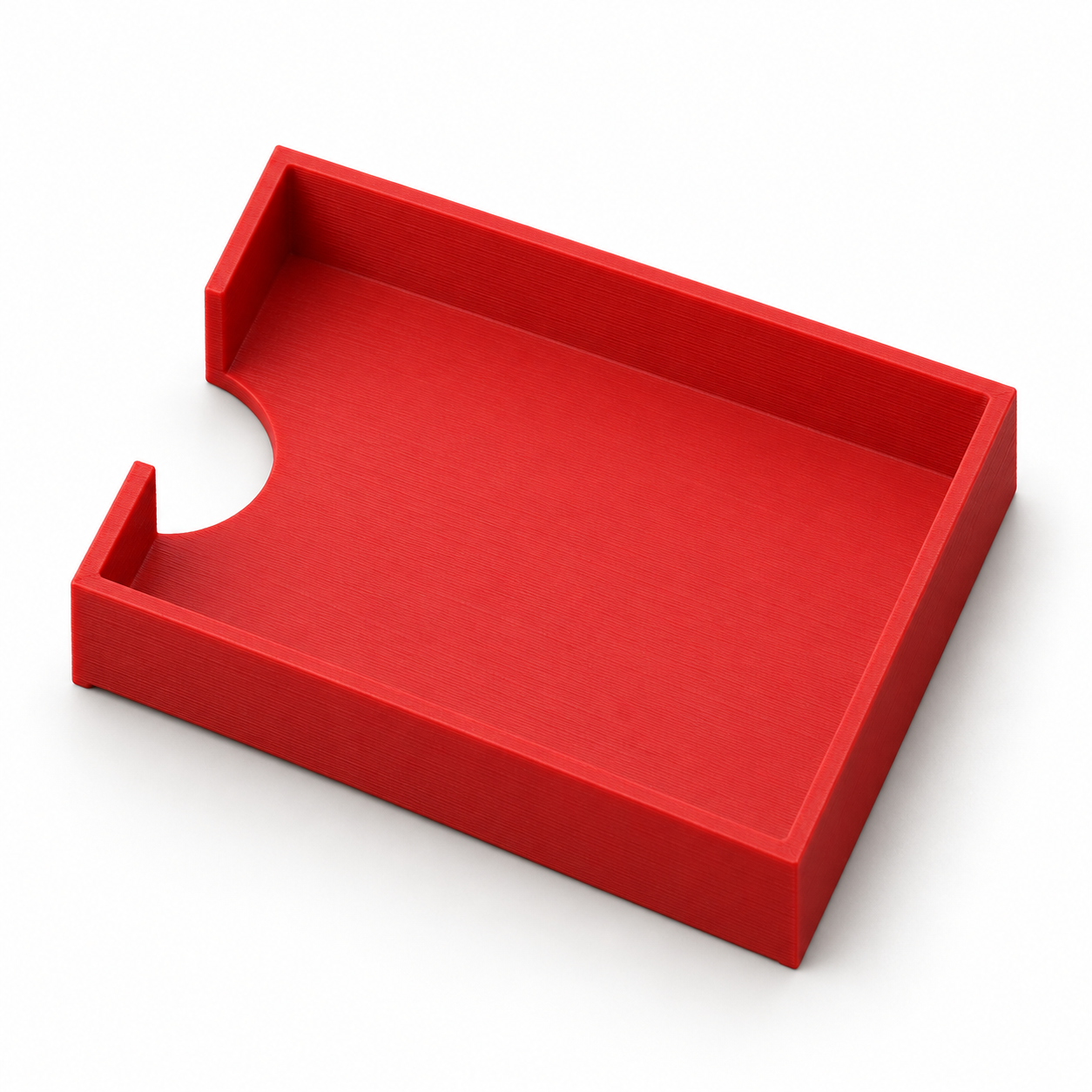 Spielkarten-Ausgabeschuh mit Fingermulde nach Maß – rot. KI-Visualisierung der Standardmaße.