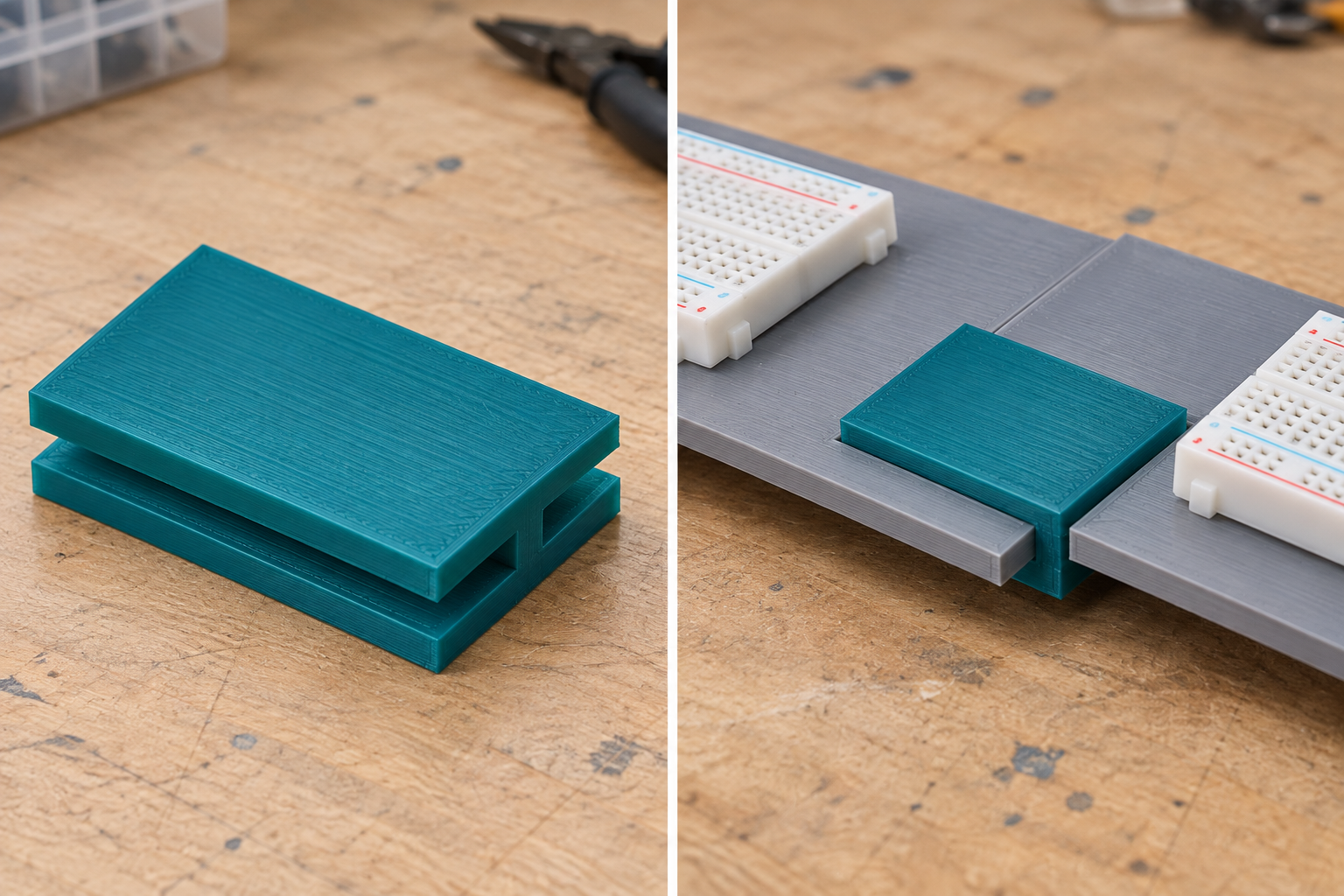 H-Verbinder für Steckbrett-Trägerplatten – Einzelteil und Anwendung, KI-Visualisierung