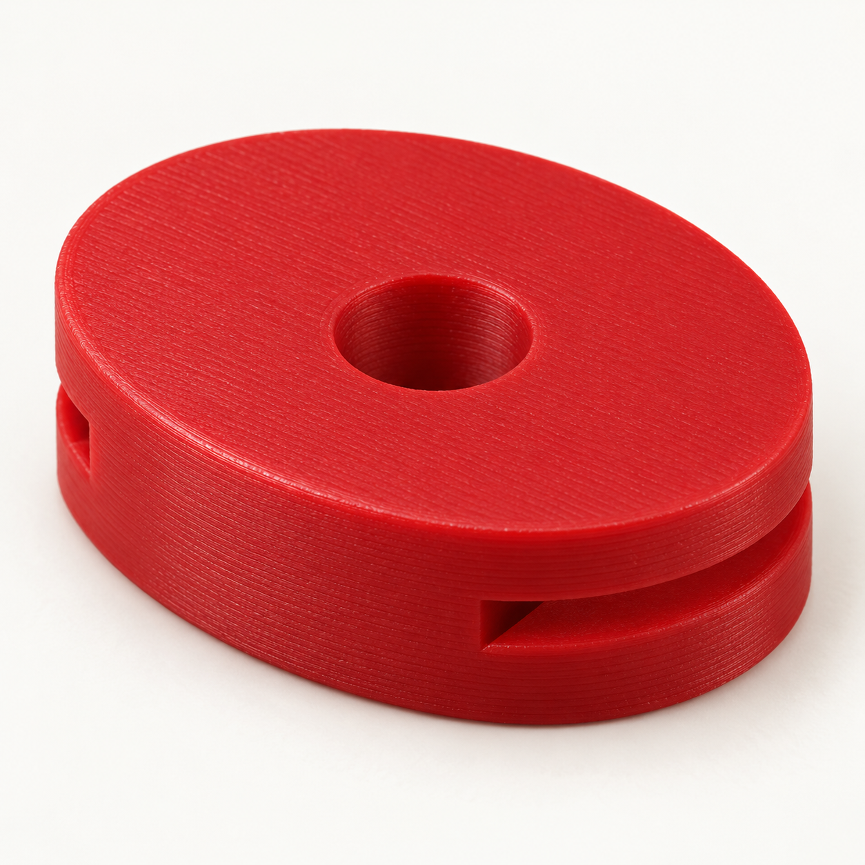 TPU-Saitendämpfer mit zwei Maßnuten – rot. KI-Visualisierung der Standardmaße.