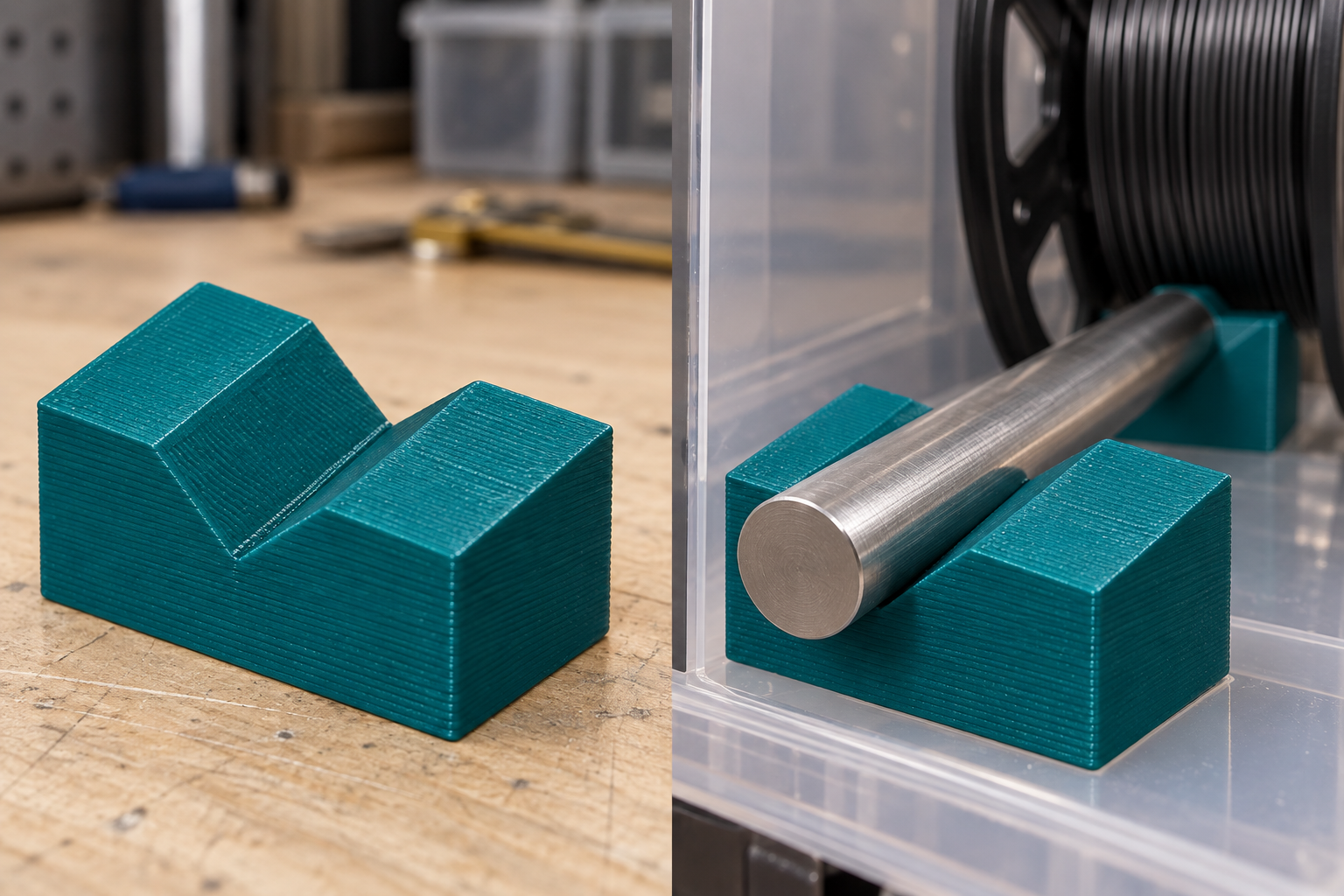Prismenauflage für Spulenachsen in Trockenboxen – Einzelteil und Anwendung, KI-Visualisierung