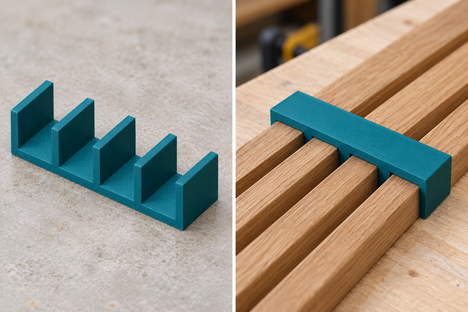 Abstandskamm für parallele Zierleisten – Einzelteil und Anwendung, KI-Visualisierung
