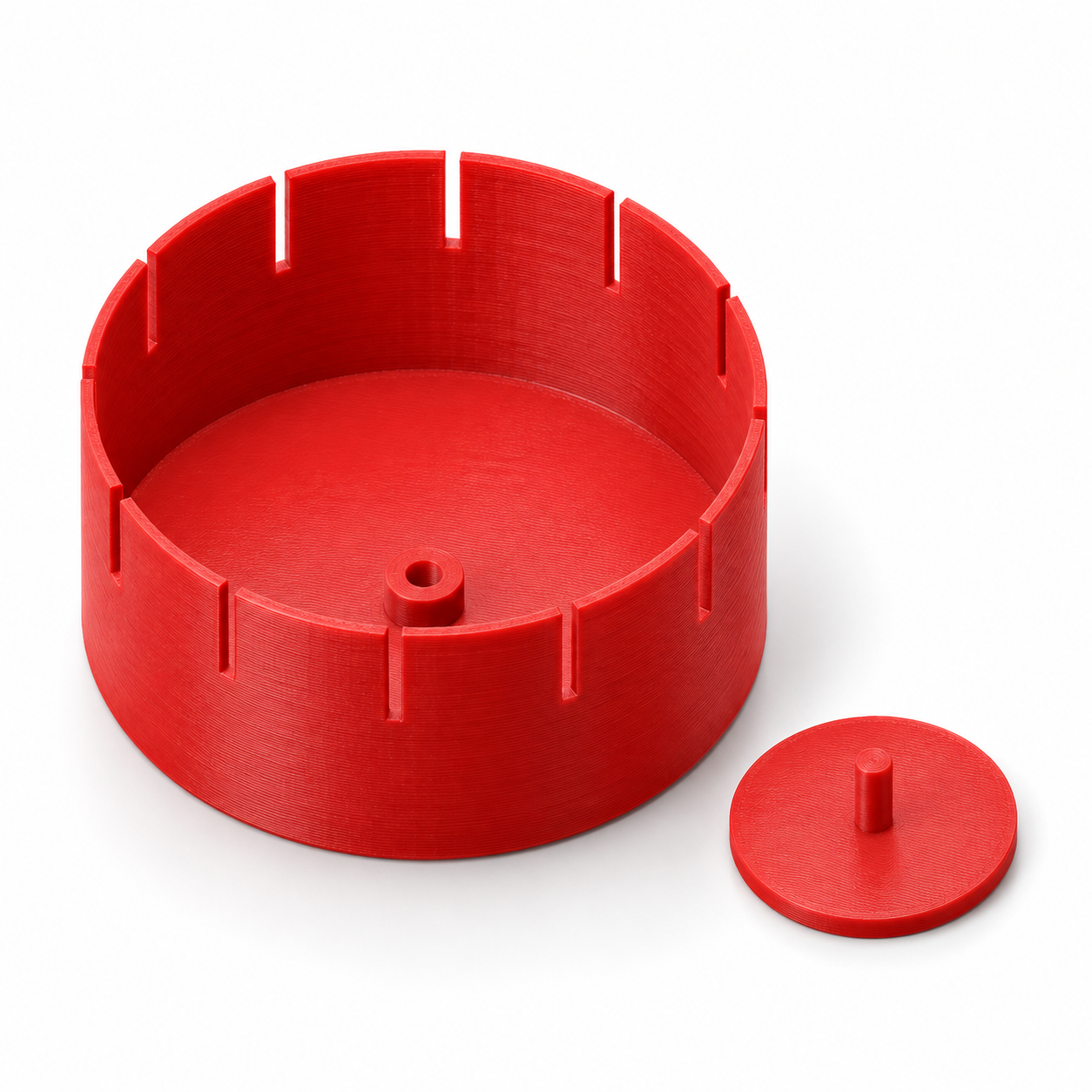 Zoetrop-Schlitztrommel mit Handdrehsockel – rot. KI-Visualisierung der Standardmaße.