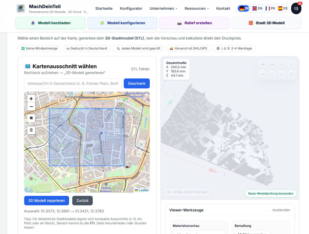 3D Stadtmodell aus Karte erstellen – individuellen Stadtblock als STL online generieren
