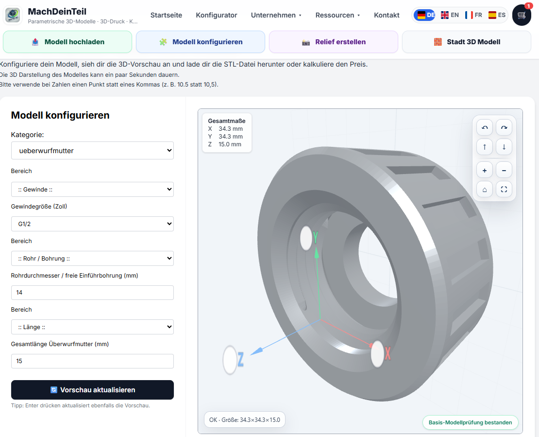Überwurfmutter selbst konfigurieren – seltene Gewindegrößen als STL ohne CAD erstellen