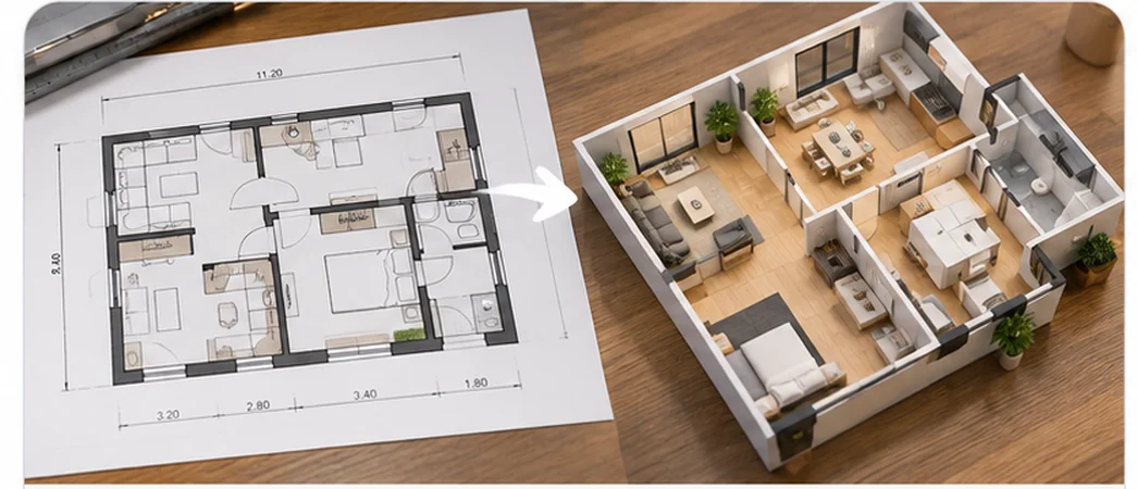 Grundriss und daraus erzeugtes räumliches 3D-Modell