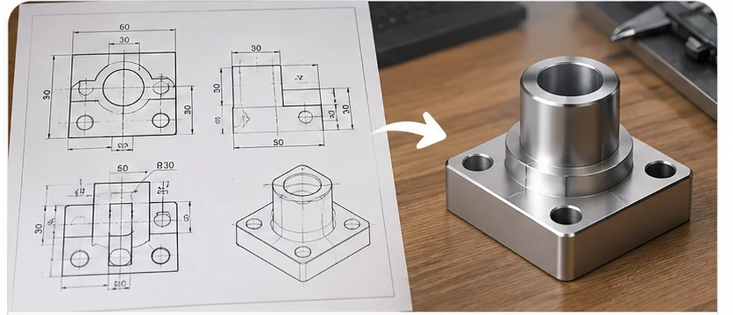 Technische Zeichnung und daraus erzeugtes 3D-Bauteil