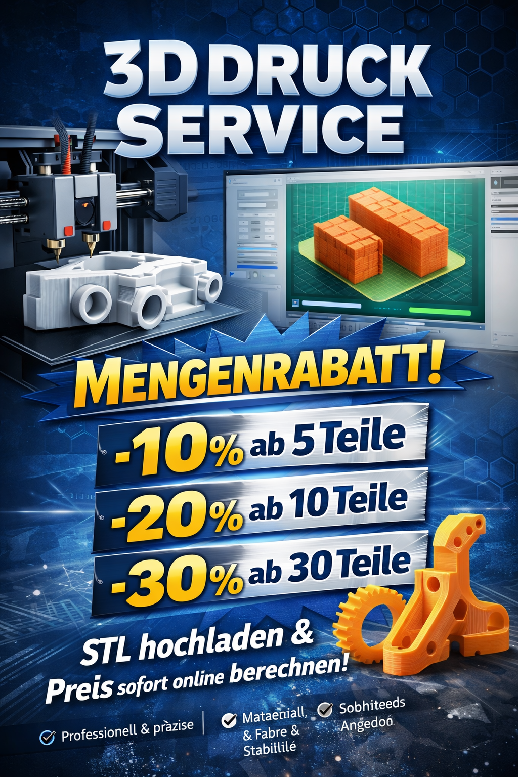 3D Druck Service mit Mengenrabatt – STL hochladen und Preis live berechnen