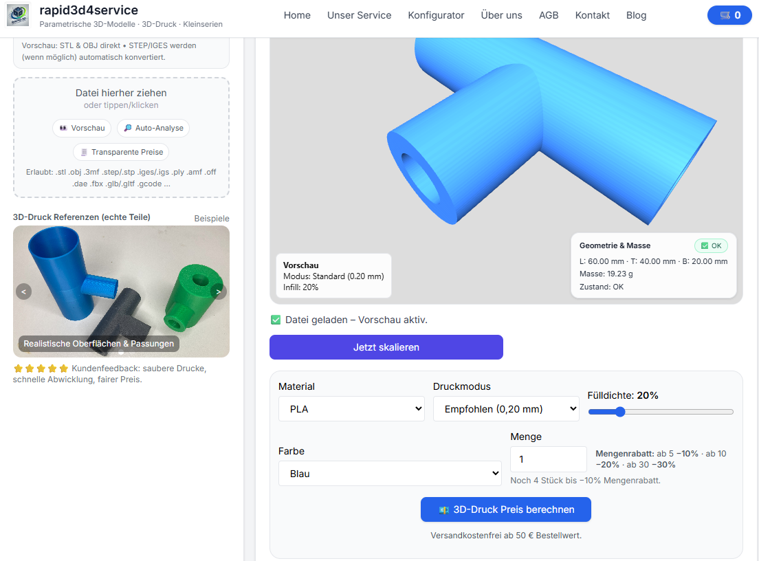 3D Druck Kosten berechnen – Upload und automatische Modellanalyse